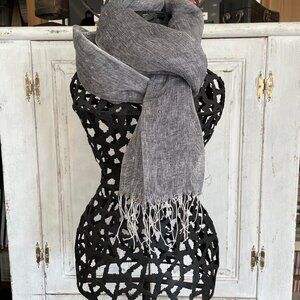 Women's Gray & White Wide Weave Long Scarf w/ White Fringe